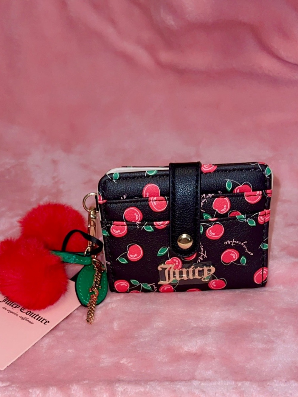 Juicy Couture Black with Red Cherry Print Cardholder with Red Cherry Pom Charm